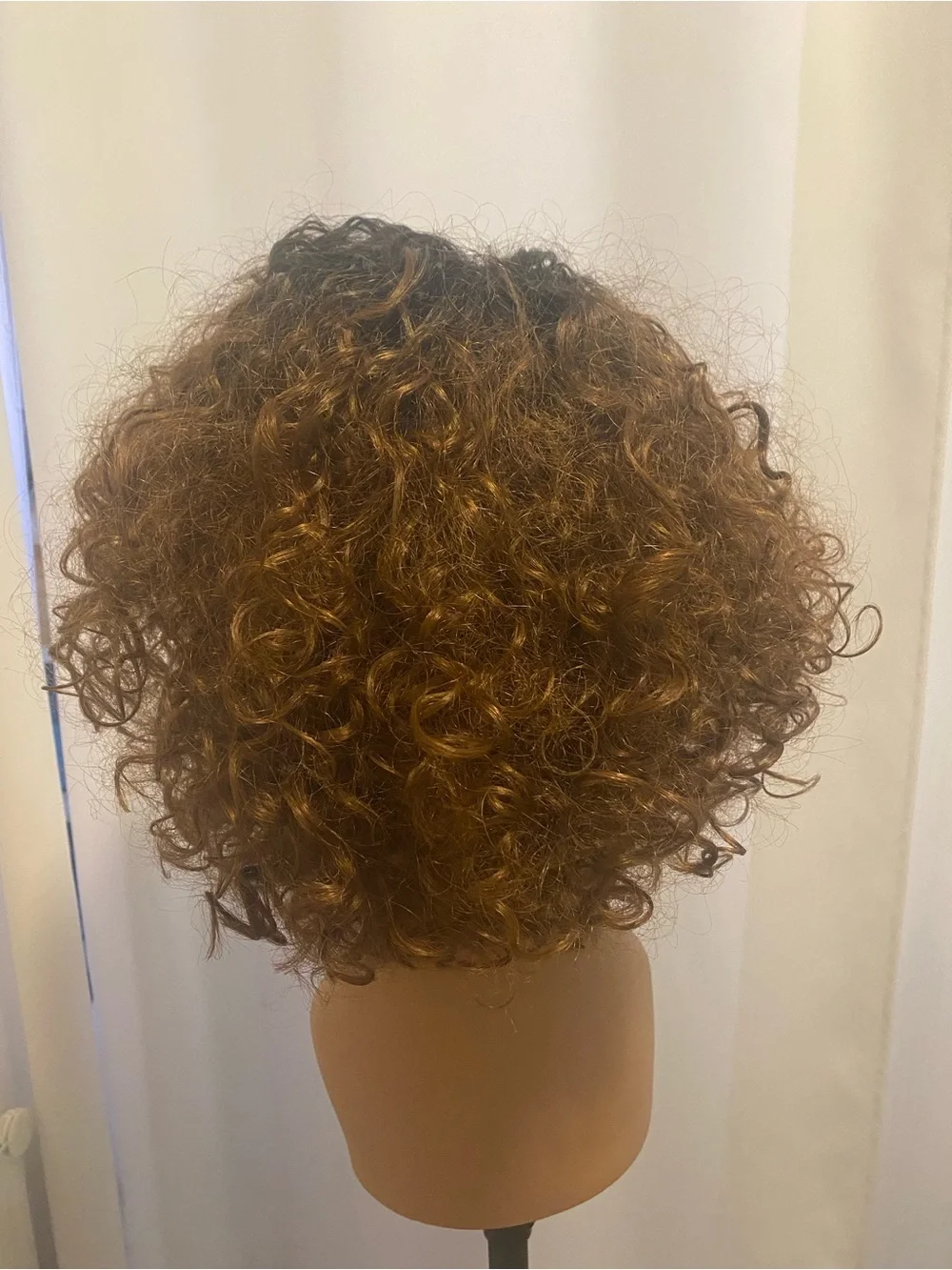 💯 Human Hair Blend Short Curly Dark Brown Roots With A Golder Brown Ambre Wig